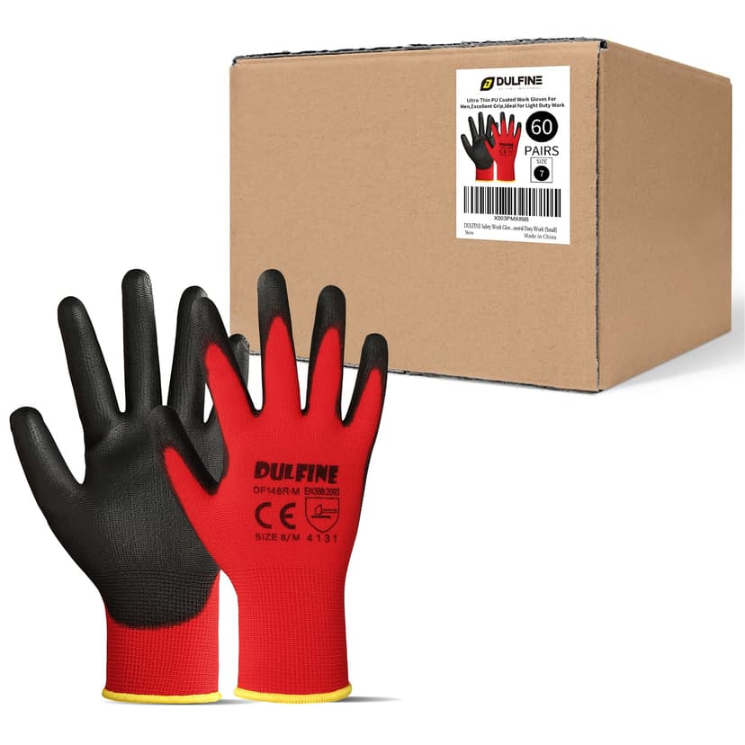 DULFINE Safety Work Gloves for Men 60 Pairs, Ultra-Thin PU Coated Red L | Excellent Grip, Nylon Shell, Knit Wrist Cuff, Ideal for Light Duty Work, Gardening, Warehouse, Construction, for Men & Women
