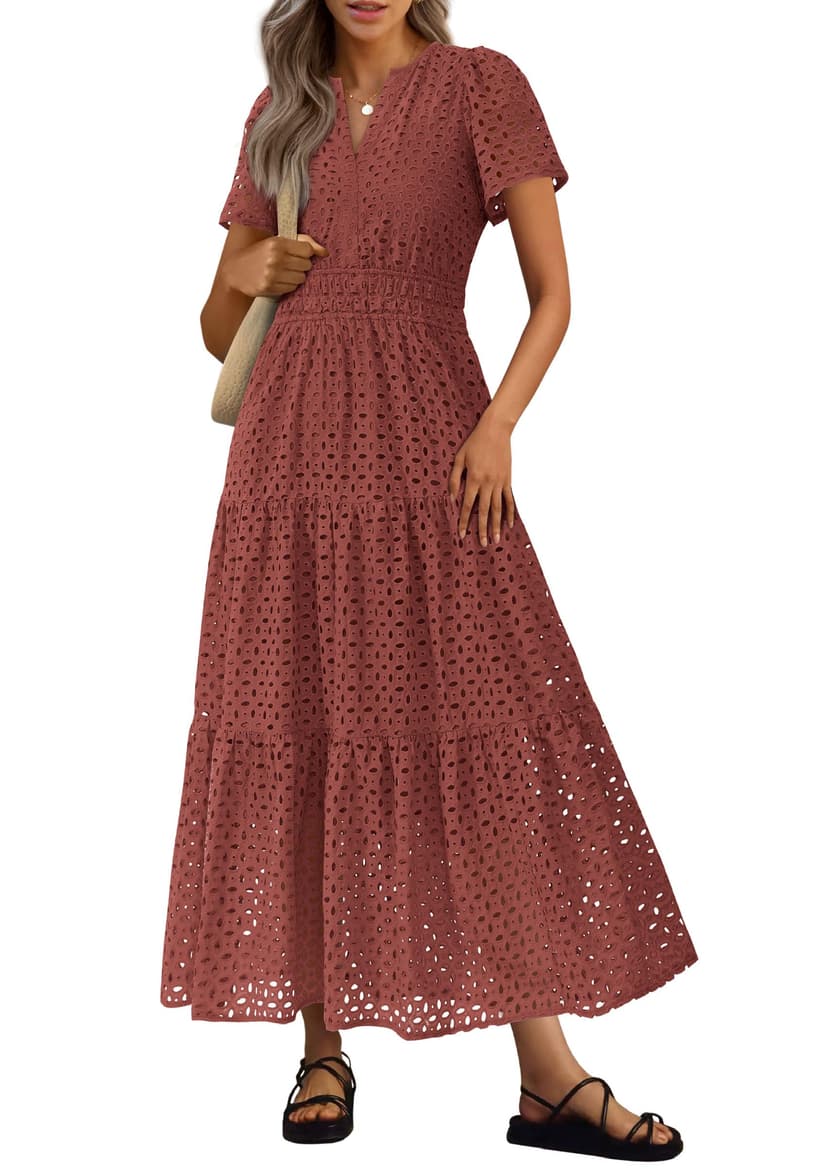 PRETTYGARDEN Womens 2026 Summer Maxi Dress Short Sleeve V Neck Hollow Out Eyelet A Line Long Flowy Beach Vacation Dresses