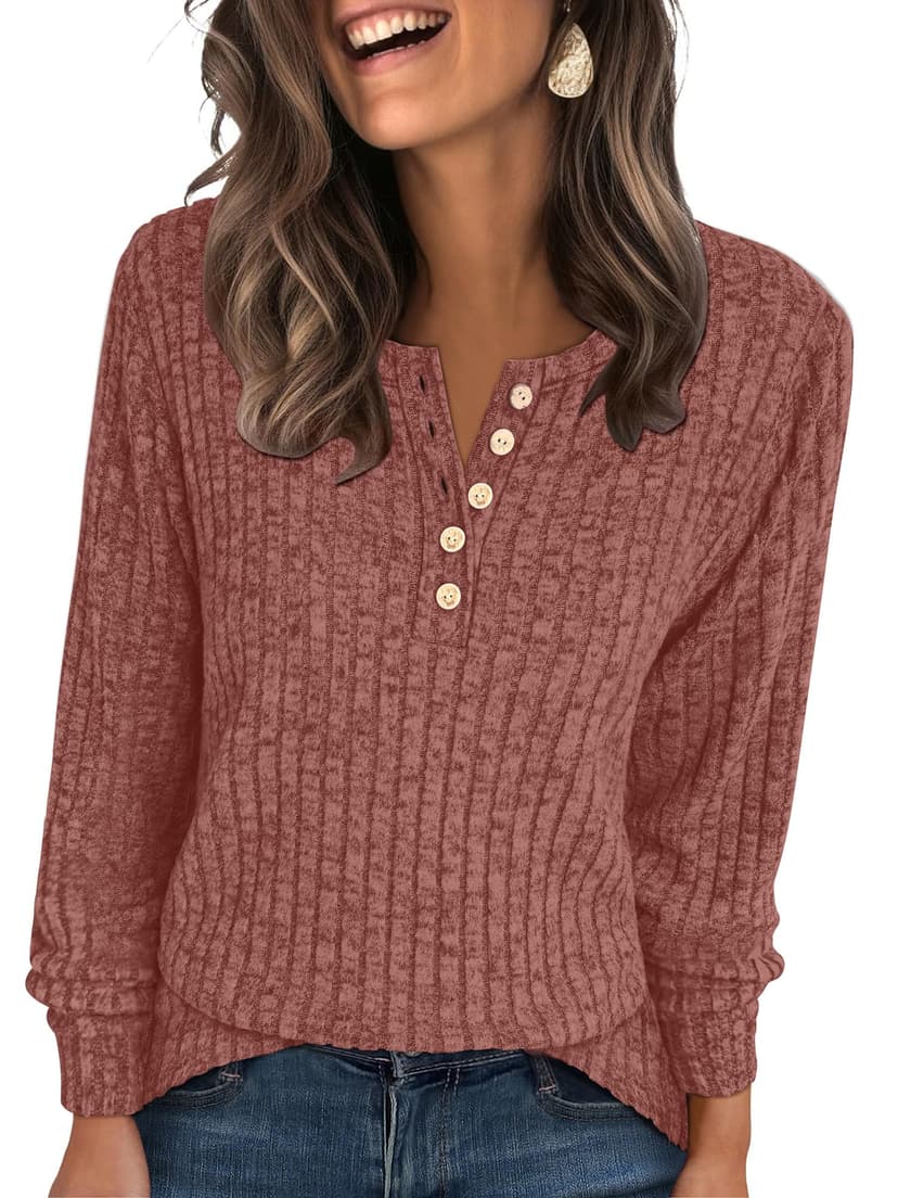 ANRABESS Ribbed Long Sleeve Henley Shirts for Women | Soft lightweight Sweaters, Loose Fit, Office Work Casual Daily Wear Tunic, 2026 Fall Winter Transition Outfits