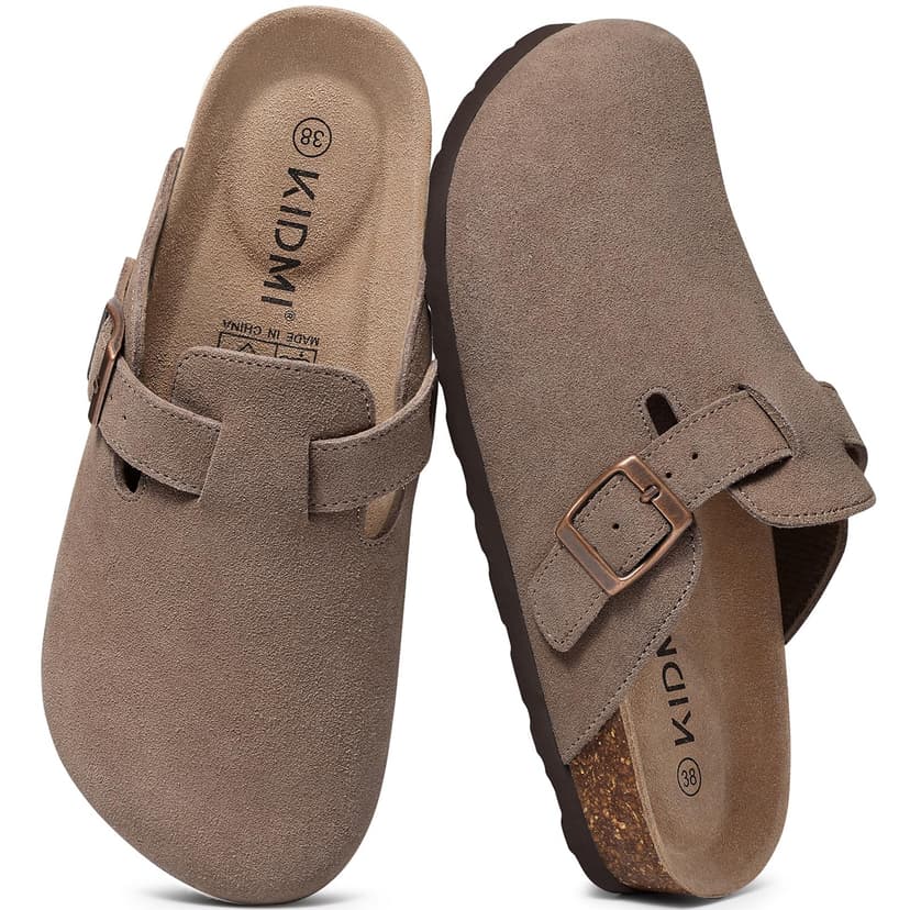 KIDMI Genuine Suede Clogs for Women Men Cork Footbed Mules Potato Shoes | Arch Support, Comfortable, Leather Slip On, Fall, Casual, Indoor Outdoor, Non-slip Rubber Sole, Adjustable Metal Buckle