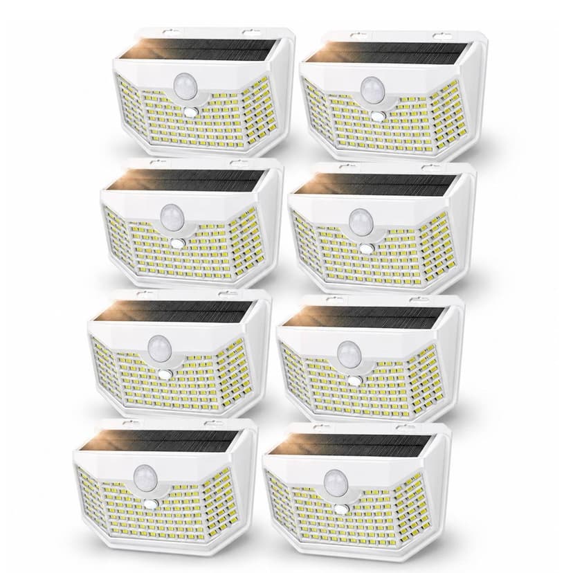HMCITY 120 LED Solar Lights Outdoor with Motion Sensor and 3 Lighting Modes, IP65 Waterproof Wide Solar Wall Lights Ideal for Garden Patio Yard (Front Button 8Packs, White Shell-Daylight White)