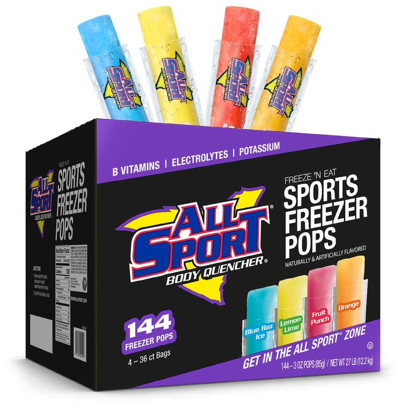 All Sport Electrolyte Hydration Freezer Pops, Variety Pack, 144 Count | B Vitamins & Potassium; Blue Raz Ice, Lemon Lime, Fruit Punch, Orange