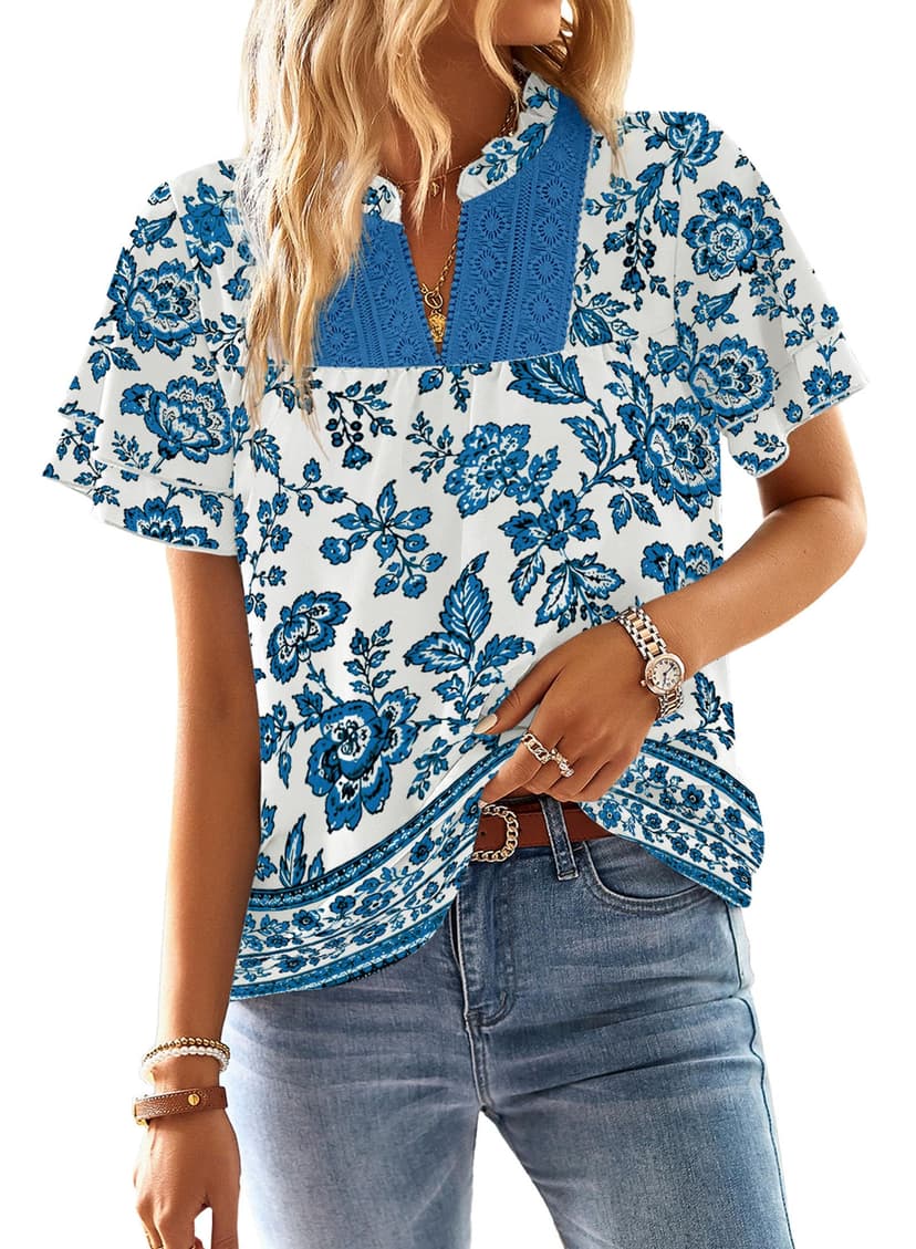 Falechay Womens Tops Boho Flowy Shirts Dressy Casual Short Sleeve Blouses | V Neck Loose Fit Blouses, Business Work, Hide Tummy, Lace Ladies Summer Outfits, Swiss Dot, Babydoll Crochet Clothes XS-6XL