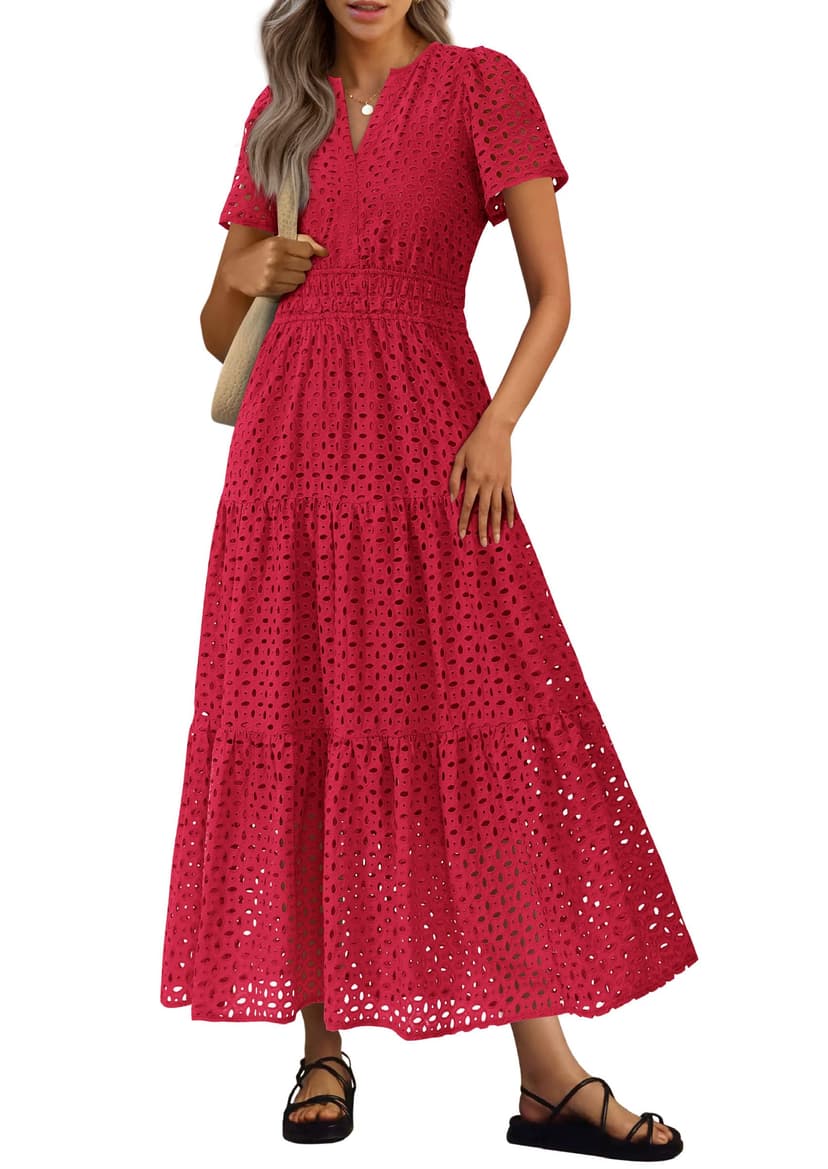 PRETTYGARDEN Womens 2026 Summer Maxi Dress Short Sleeve V Neck Hollow Out Eyelet A Line Long Flowy Beach Vacation Dresses