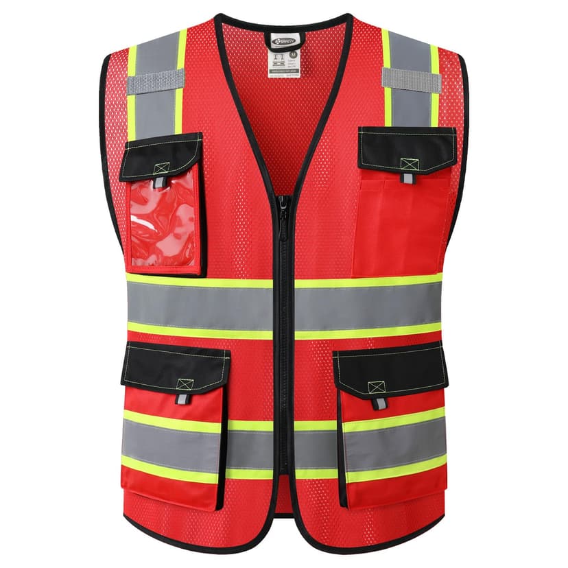 JKSafety Hi Vis Reflective Safety Vests for Men Women High Visibility Vest with Pockets Mesh Fabric Construction Safety Apparel Neon Vest for Work (220-Red L)