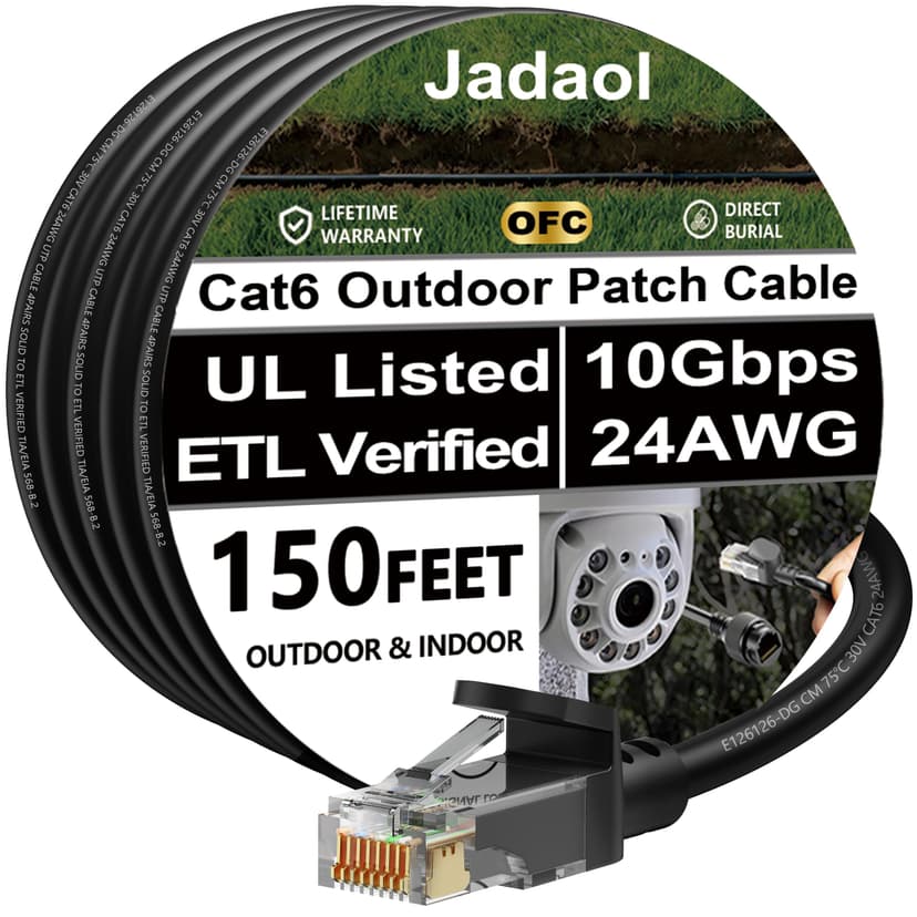 Cat 6 Outdoor Ethernet Cable 150 ft (45.72m), Support Cat8/7 Network, 10Gbps 550MHz, 24AWG Pure Copper, Direct Burial Waterproof In-Ground UV Resistant LAN Patch Cable for Router, Modem, Switch, Black