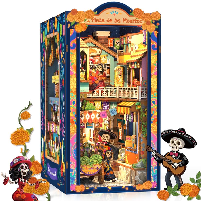 CUTEBEE Book Nook Kit - DIY Miniature House 3D Wooden Puzzle for Adults | Day of the Dead Booknook, Mexican Folklore LED Bookshelf Insert Decor, DIY Craft Gift (Plaza de los Muertos)