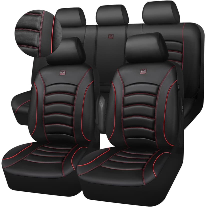 CAR PASS 3D Foam PU Leather Car Seat Covers, Universal Seat Covers Full Sets for Trucks SUV Sedan Automotive Seat Covers Armrest Airbag Compatible Waterproof Comfortable Faux Nappa Leather Black Red