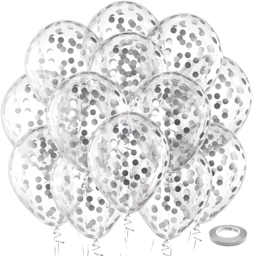 Bezente Silver Confetti Latex Round Helium Party Balloons 60 Pack 12 inch | Helium Silver Confetti Glitter Balloons for Wedding Graduation Birthday Engagement Party Decorations