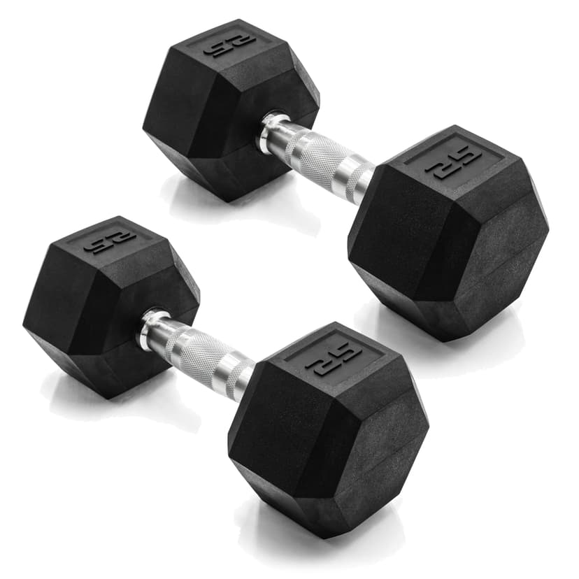 CAP Rubber Coated Dumbbell Weights, Free Weights for Home Gym Strength Training, Anti-Roll Hex Dumbbells with Black, Chrome & Comfort Grip Handles, Pairs & Sets