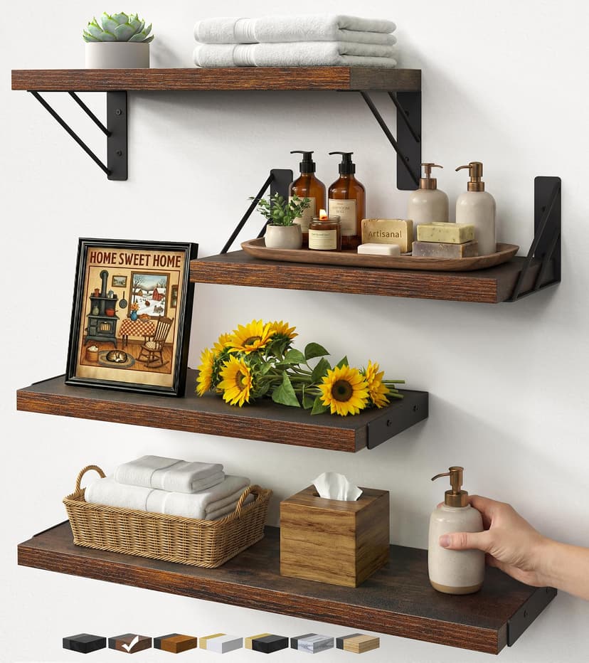 BAYKA Wall Shelves for Bedroom Decor, Floating Wall Shelves for Living Room Kitchen Storage, Mounted Rustic Wood Floating Shelves for Kids Books, Corner Shelf for Bathroom(Rustic Brown，Set of 4)