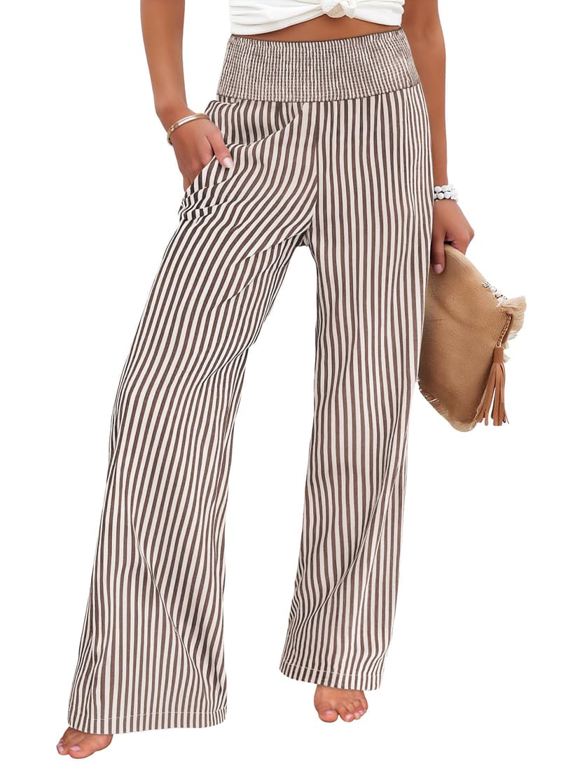 ANRABESS Womens Palazzo Pants, Striped & Gingham, Lounge & Casual, Cute Pajama Pants, Wide Leg, High Waisted, Pockets