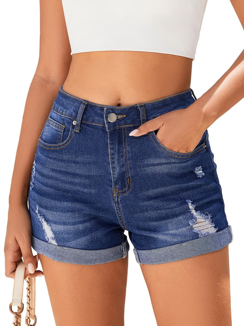 Bosmeer Women's Mid-High Rise Ripped Denim Shorts Stretchy Distressed Jean Shorts with Pockets Folded Hem Casual Summer Jorts