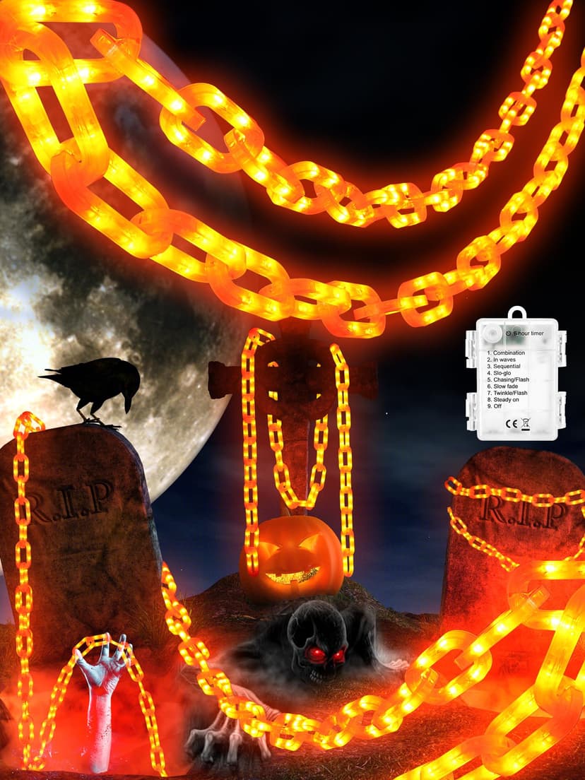Battery Halloween Chain Lights, 10 FT 160 LED Orange Light-Up Plastic Timer | 8 Modes Battery Operated with Memory for Skeleton Dog, Yard Skeleton, Haunted House and Outdoor Decor Halloween Decoration