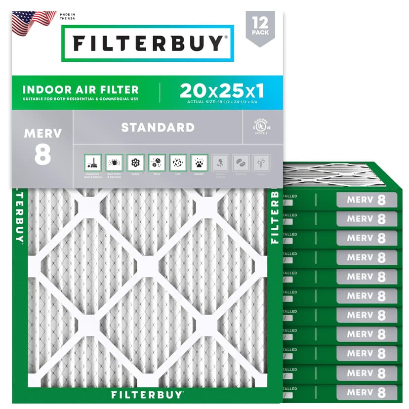 Filterbuy 20x25x1 Air Filter MERV 8 Dust & Allergy Defense (12-Pack) | Electrostatic Pleated HVAC AC Furnace Filters Replacement, Made in USA (Actual Size: 19.50 x 24.50 x 0.75)