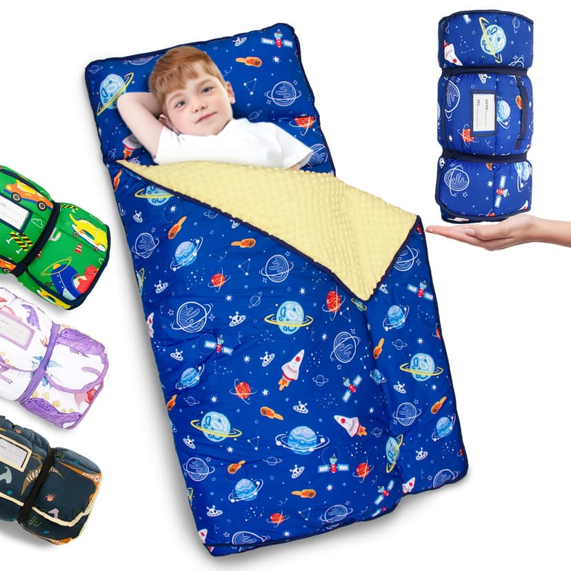 Primlect Thickened Toddler Nap Mat with Removable Pillow and Minky Blanket, Extra Large 55''x35'' Sleeping Bag, Washable, Roll up, Perfect for Daycare, Preschool, Kindergarten, Boys and Girls