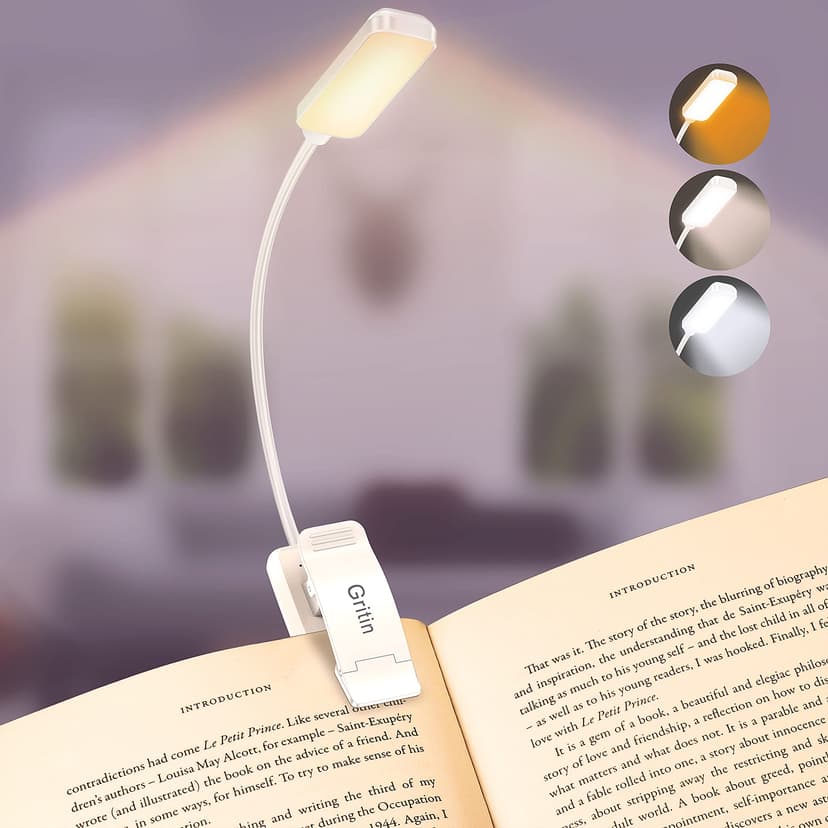 Gritin 9 LED Rechargeable Book Light for Reading in Bed | Eye Caring 3 Color Temps,Stepless Dimming Brightness,80 Hrs Runtime Small Lightweight Clip On Book Reading Light-‎White