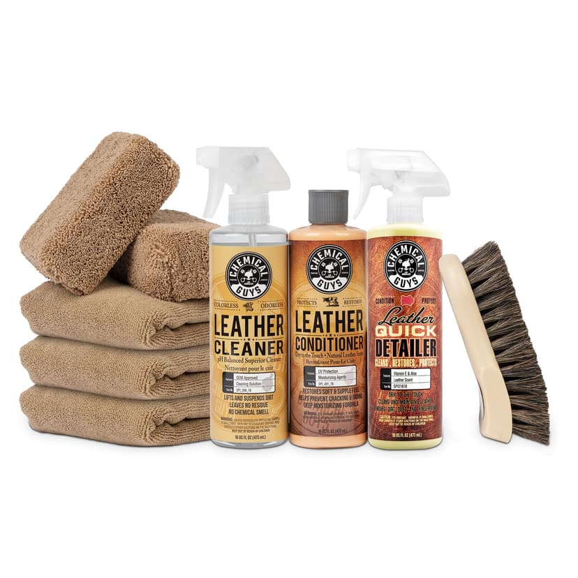 Chemical Guys Leather Cleaner and Conditioner Detailing Kit - Leather Care Kit For Natural, Synthetic, Faux, Pleather, and More for Car Interiors, Apparel, Furniture, Boots & Accessories - 9 Items