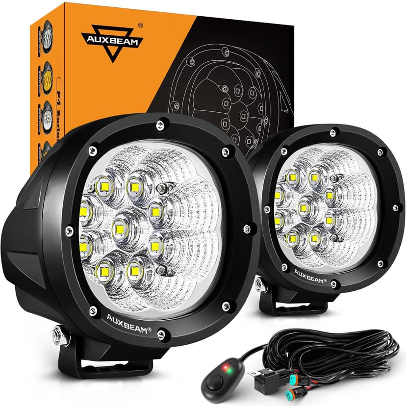 Auxbeam P4 Series Flood Beam LED Pods 4" 90W Round Offroad Lights 2-Pack | 120° Wide Flood, Backup & Reverse Lighting, Side/Ditch Lights, Bumper A-Pillar Hood Mount, for Pickup Truck 4x4 ATV UTV SUV