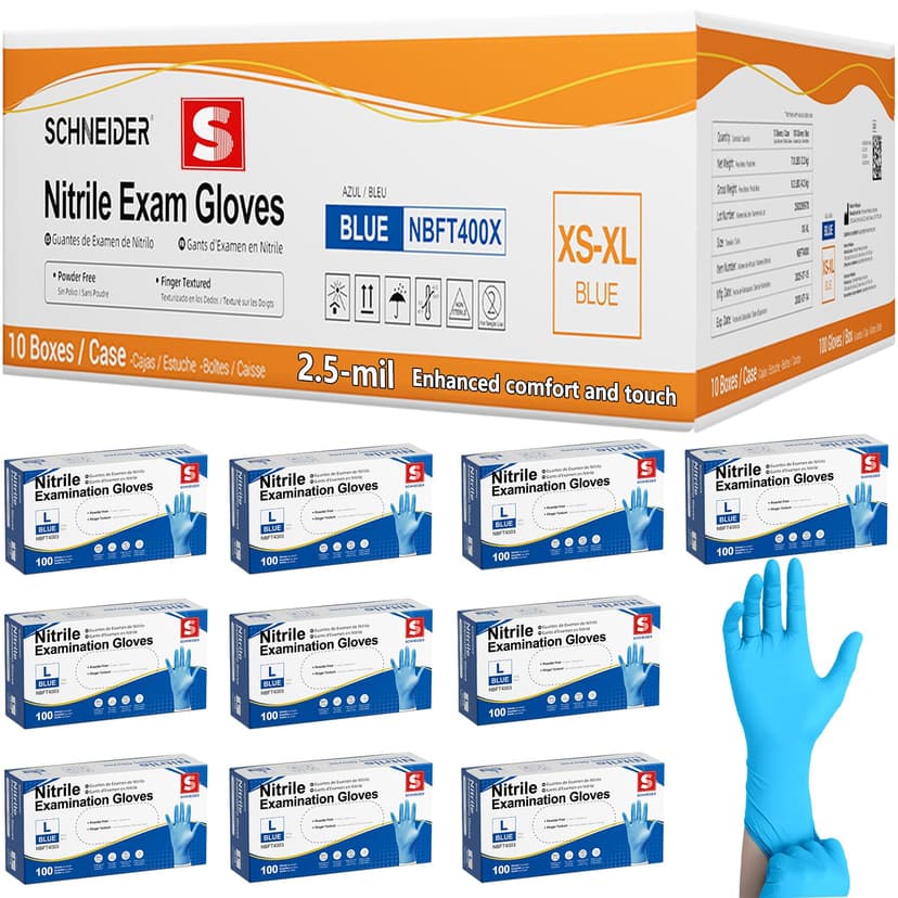 Schneider Medical Exam Glove, Gloves Disposable Latex Free, Powder Free | 2.5-Mil, Blue Nitrile Gloves, Food Safe Gloves, Cooking Gloves, Cleaning Gloves