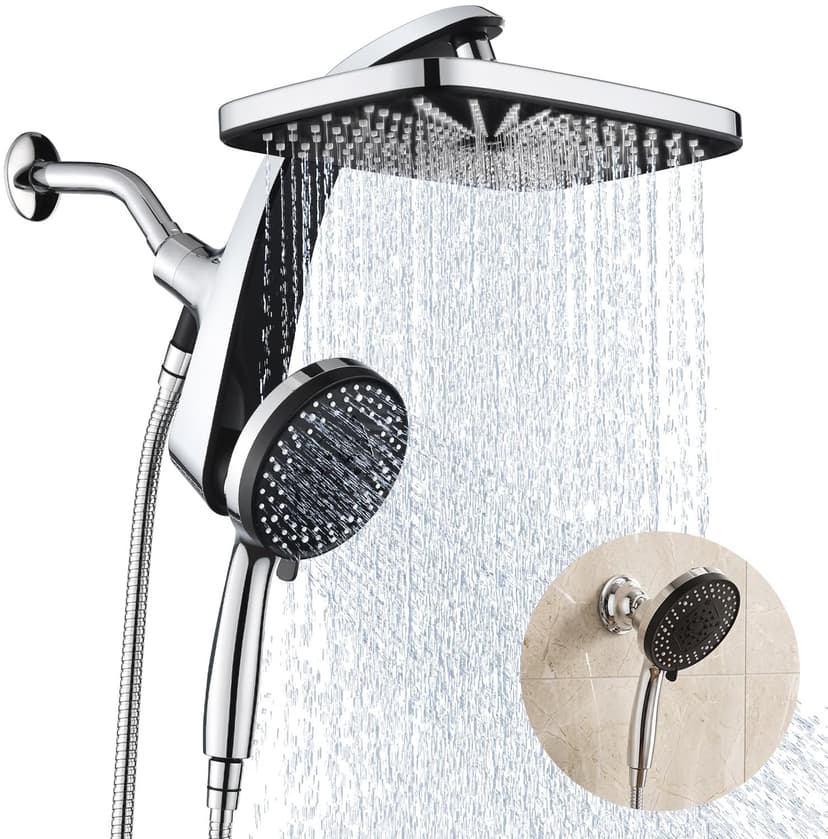 Rain Shower Head with Handheld Showerhead, Chrome 1.8GPM 460311 + Holder | 12" High Pressure Rainfall Shower Heads, 9 Sprays Handheld Showerheads, Magnetic Docking, Power Jets, 59" Shower Hose