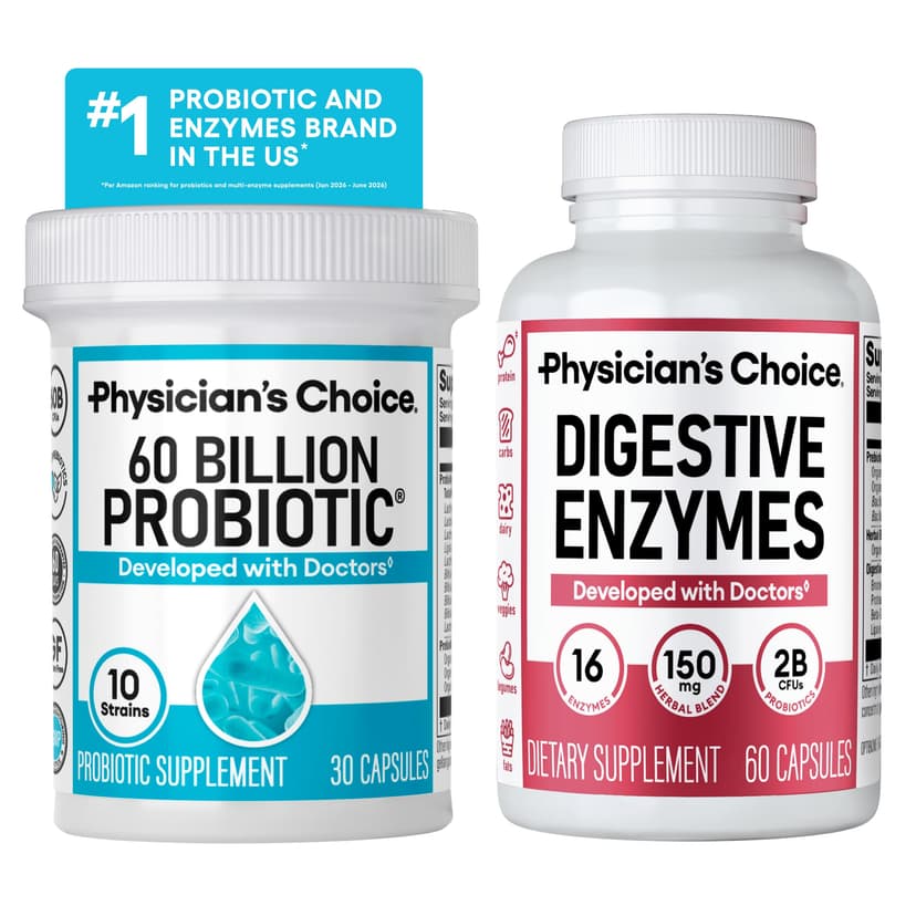 Physician's CHOICE Advanced Gut Health Bundle: 60 Billion Probiotics 30ct + Digestive Enzymes 60ct w/Bromelain+ Digestive, Gut, Immune Health Supports Occasional Constipation, Diarrhea, Gas, Bloating