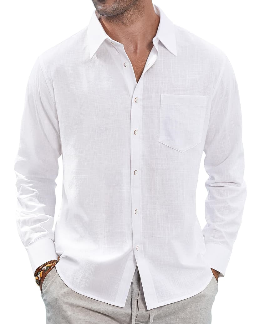 J.VER Men's Linen Shirts Casual Button Down Long Sleeve Shirt Solid Spread Collar Summer Beach Shirts with Pocket