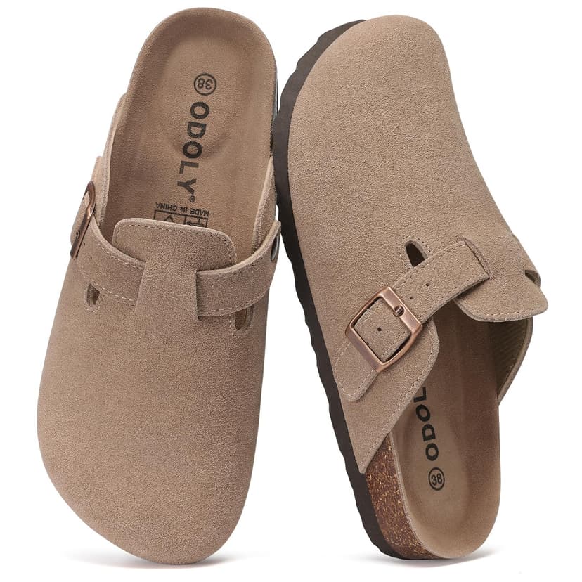 ODOLY Genuine Suede Clogs for Women Men Comfort Cork Footbed Potato Shoes | Unisex Lightweight Slip-On Leather Mules with Arch Support, Adjustable Buckle, Indoor Outdoor Footwear
