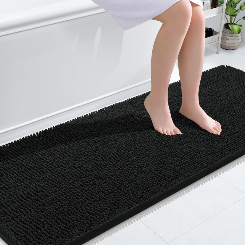 OLANLY Bathroom Runner Rugs 70x24, Extra Soft Absorbent Chenille Bath Rugs, Rubber Backing Quick Dry, Machine Washable Long Bath Mats for Bathroom Floor, Tub and Shower, Home Decor Accessories, Black