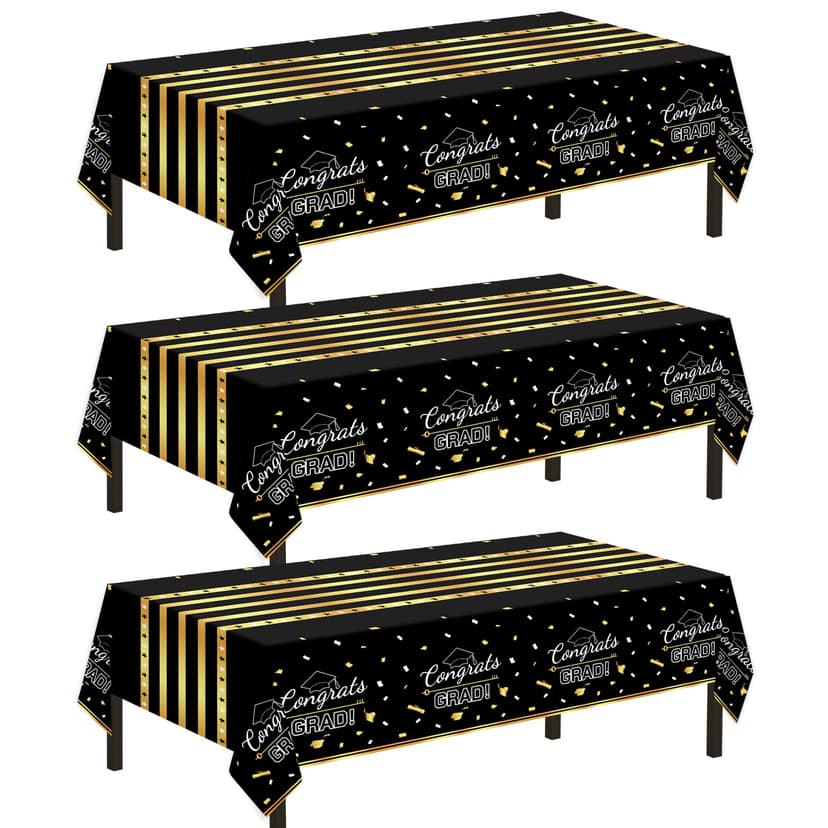 Childom 3 Pack Graduation Tablecloth,Graduation Decorations Class of 2026 Graduation Party Decorations,54"x108" Black and Gold Plastic Table Cloth Disposable Rectangle for Home,School,Party Supplies