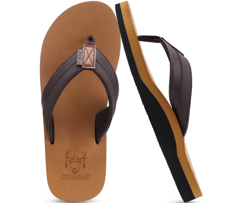 KuaiLu Men's Yoga Mat Leather Flip Flops with Arch Support Comfortable Cushion Walking Thong Sandals Slip On Indoor Outdoor