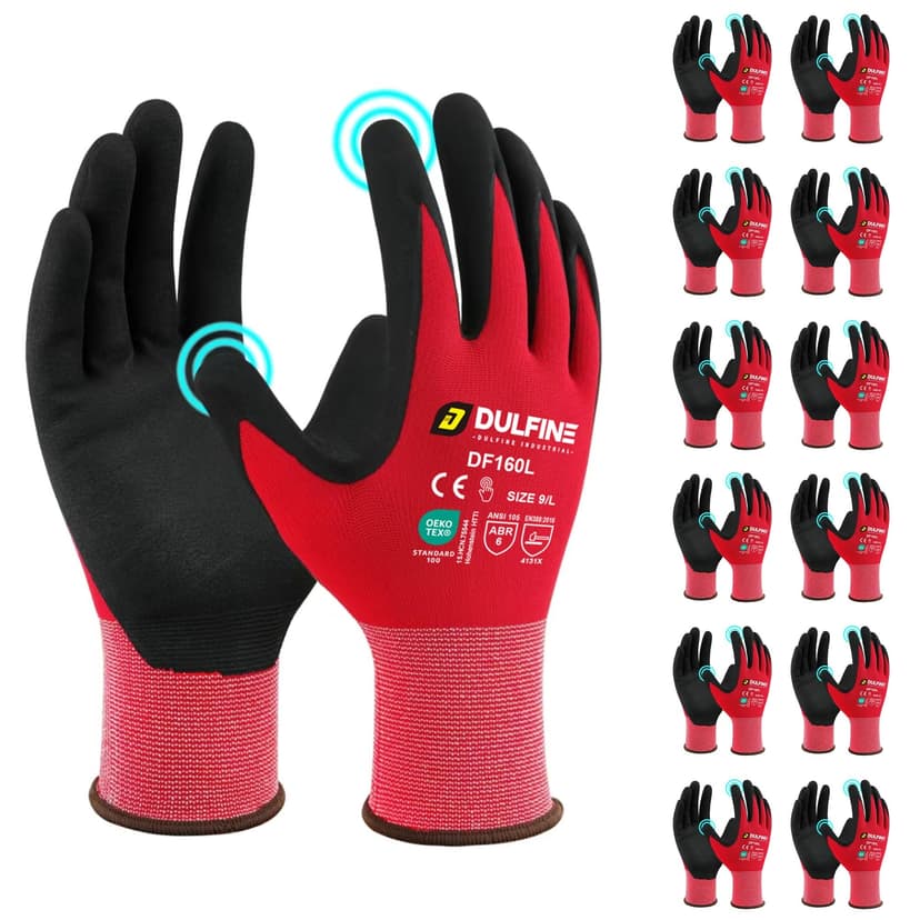 DULFINE MicroFoam Nitrile Coated 12 Pairs Work Gloves for Men Red L | Strong Grip, Touchscreen, Seamless Nylon Knit, Ideal for General Purpose, Automotive, Home Improvement, Painting, Men & Women