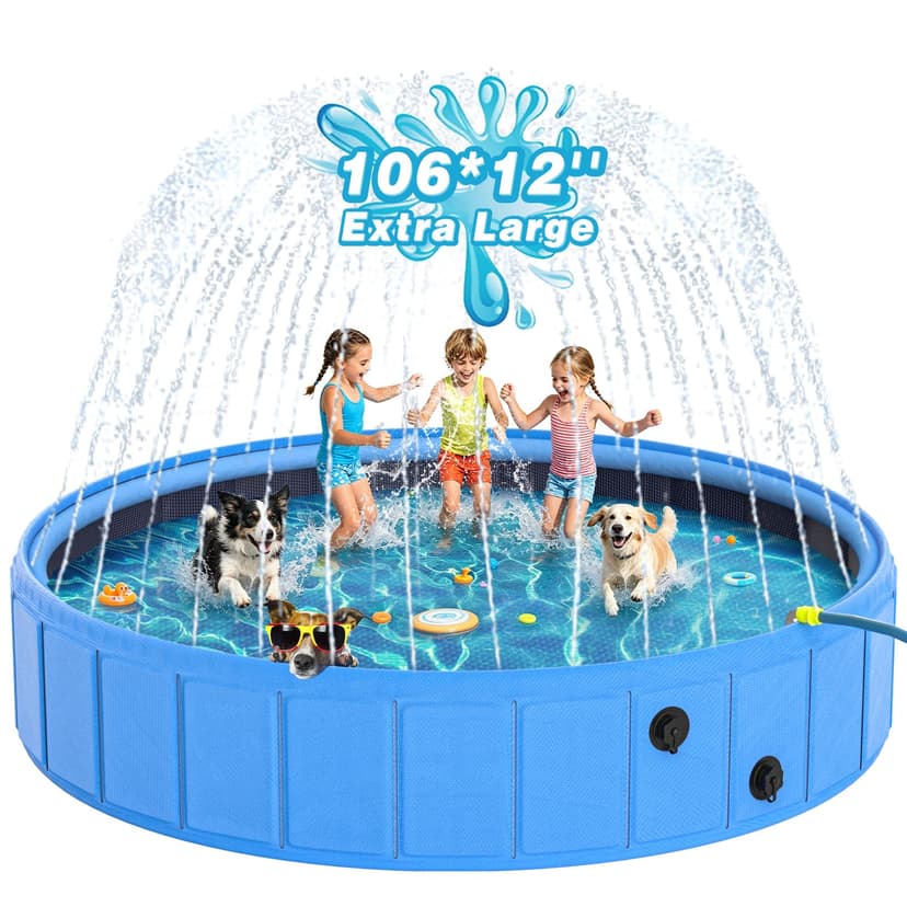 EPN Foldable Dog Pool with Sprinkler, Large Non-Slip PVC Pet Bath, 106 Inch | 2-in-1 Pet Bath and Sprinkler with Non-Slip Base for Dogs and Kids, Ideal for Backyard Cooling, Bathing and Summer Water P