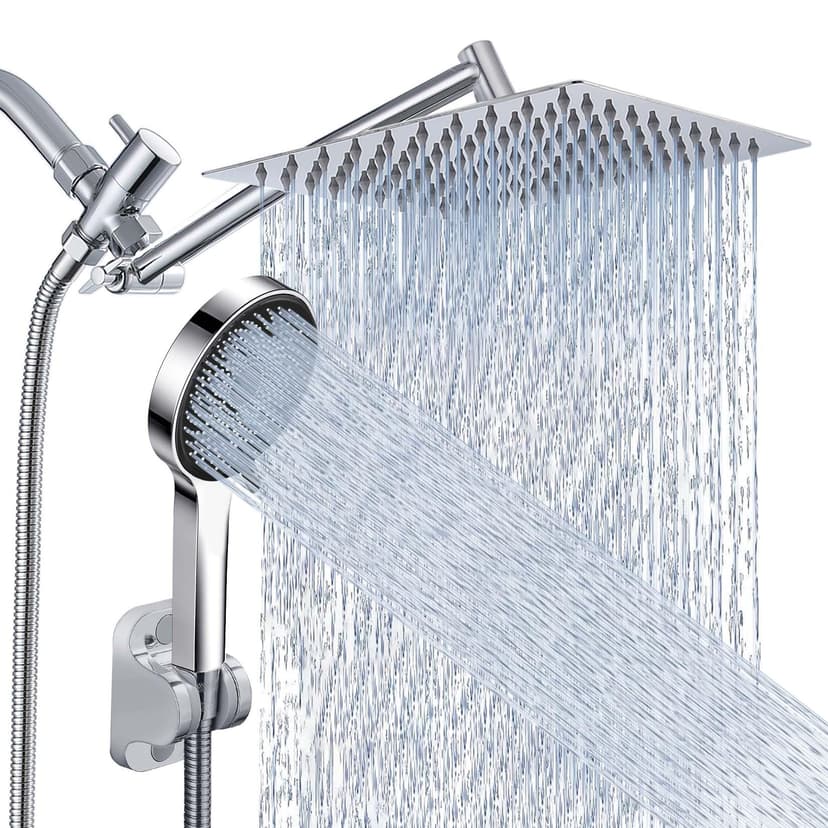 Shower Head, Rain Shower Head with Handheld Spray Combo, 10 Inch Adjustable High Pressure Rainfall Shower Head, Dual Showerhead Set with Extension Arm and 60 Inch Long Shower Hose (Silver)