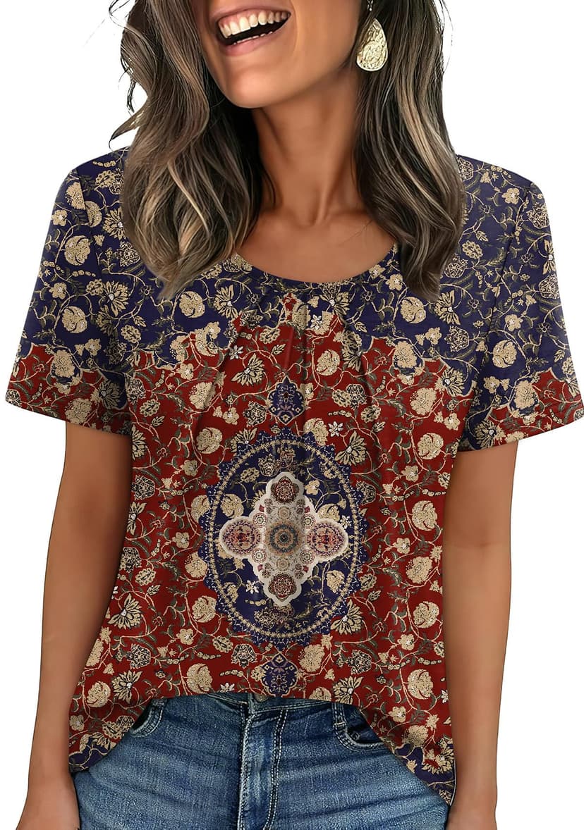 WIHOLL Women T Shirts Pleated Short Sleeve Tops Business Casual Dressy Blouses