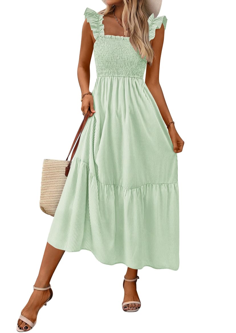 PRETTYGARDEN Womens Summer Dress Casual Square Neck Ruffle Strap Gingham Smocked Midi Flowy A Line Beach Vacation Sun Dresses