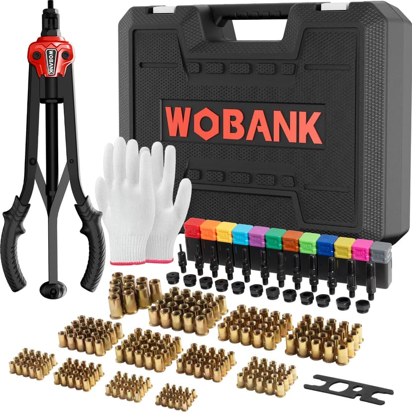WOBANK Rivet Nut Tool, 16" Heavy Duty Rivnut Tool Kit with 12PCS Metric/SAE Mandrels, 230PCS Rivet Nuts, Wrench, Gloves and Carrying Case, Auto Release Nut Design for Automotive, Construction & DIY