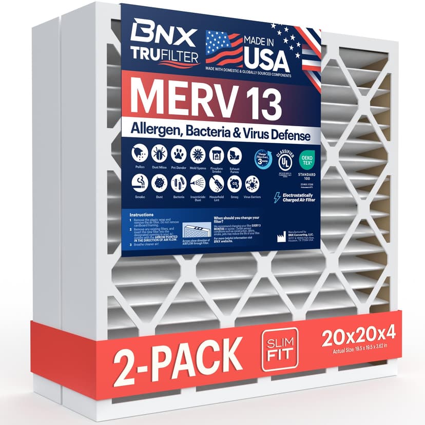 BNX TruFilter 20x20x4 (19.5’’ x 19.5’’ x 3.63‘’ Slim Fit) MERV 13 Air Filter (2-Pack) - MADE IN USA - Air Conditioner HVAC AC Furnace Filters Health, Allergies, Mold, Bacteria, Smoke, MPR 1900 FPR 10