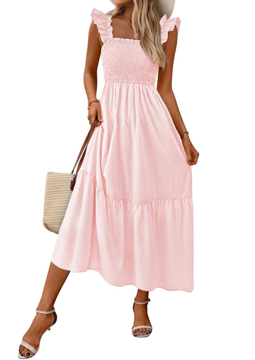 PRETTYGARDEN Womens Summer Dress Casual Square Neck Ruffle Strap Gingham Smocked Midi Flowy A Line Beach Vacation Sun Dresses