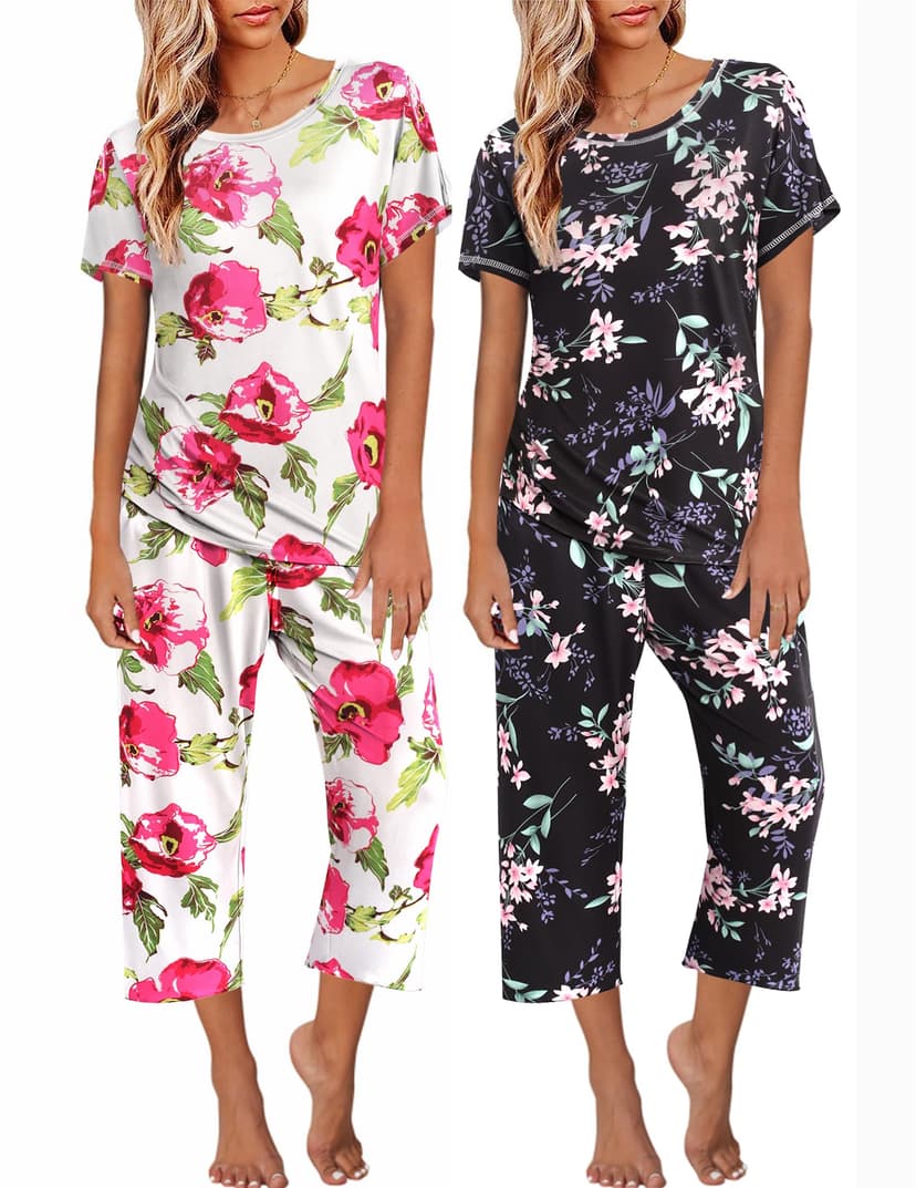 Ekouaer 2 Pack Womens Pajamas Sets Short Sleeve Tops and Capri Pants Pjs Colorful Printed Sleepwear Sets