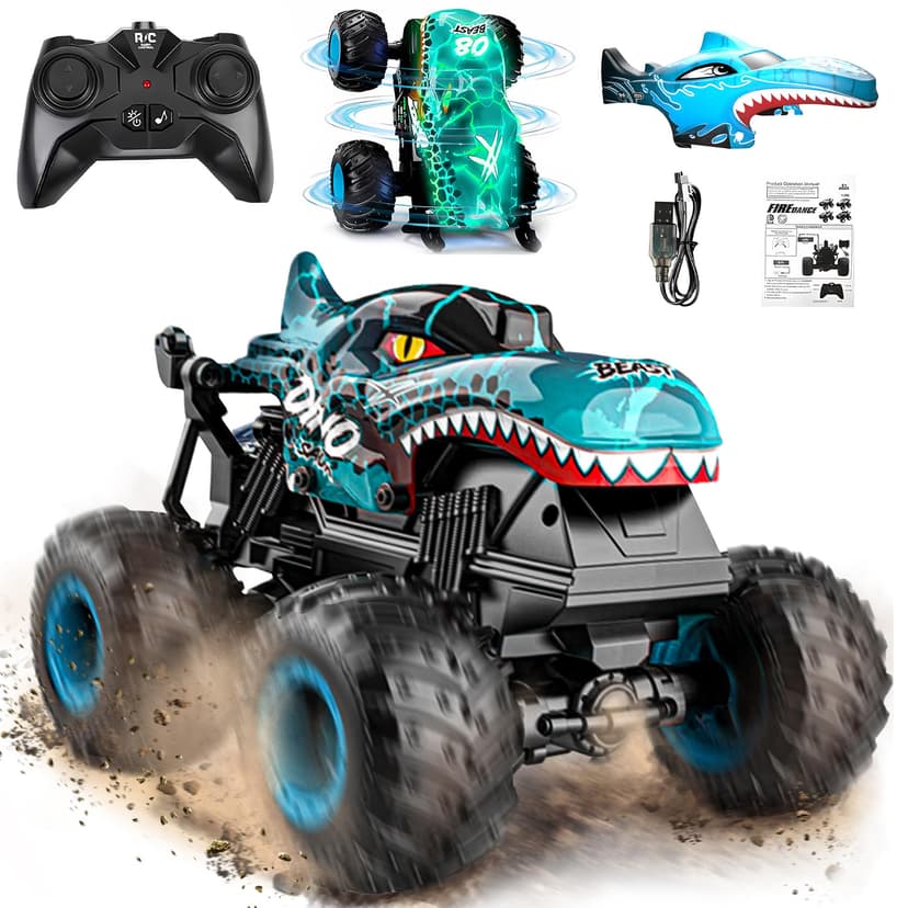 BEZGAR Monster Truck Toys, 1:20 Remote Control Car with Two Shell | Blue Dinosaur Toys, RC Truck with 360° Spins and Drifting, Toy Car Gifts for Boys with Light and Music, 20 Mins Battery Life