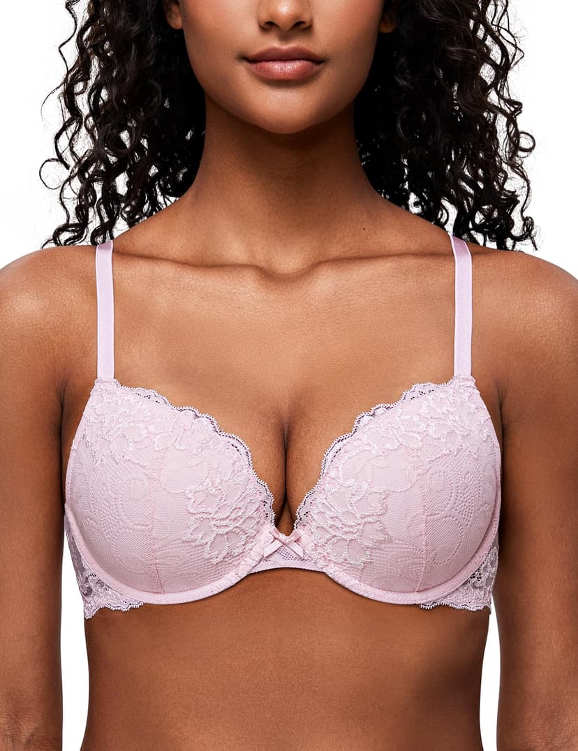 Deyllo Women’s Push Up Lace Bra Comfort Padded Underwire Bra Lift Up Add One Cup