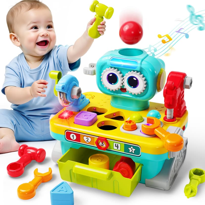 iPlay, iLearn Toddler Musical Workbench Toy, 1 Year Boy Gift, Baby Tool Set | Infant Shape Sorter Activity, Kid Pounding Game, Toddler Learning Toy, 1st Birthday Gift 12 18 24 Month Girl Age One 1 2 3