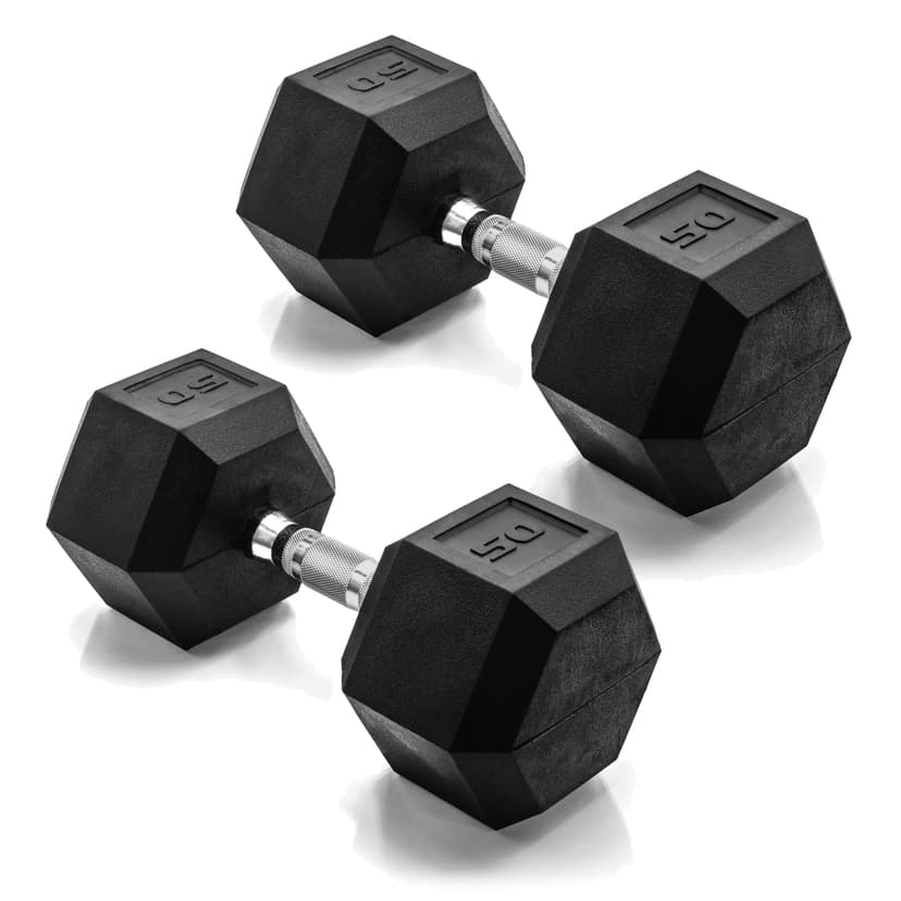 CAP Rubber Coated Dumbbell Weights, Free Weights for Home Gym Strength Training, Anti-Roll Hex Dumbbells with Black, Chrome & Comfort Grip Handles, Pairs & Sets