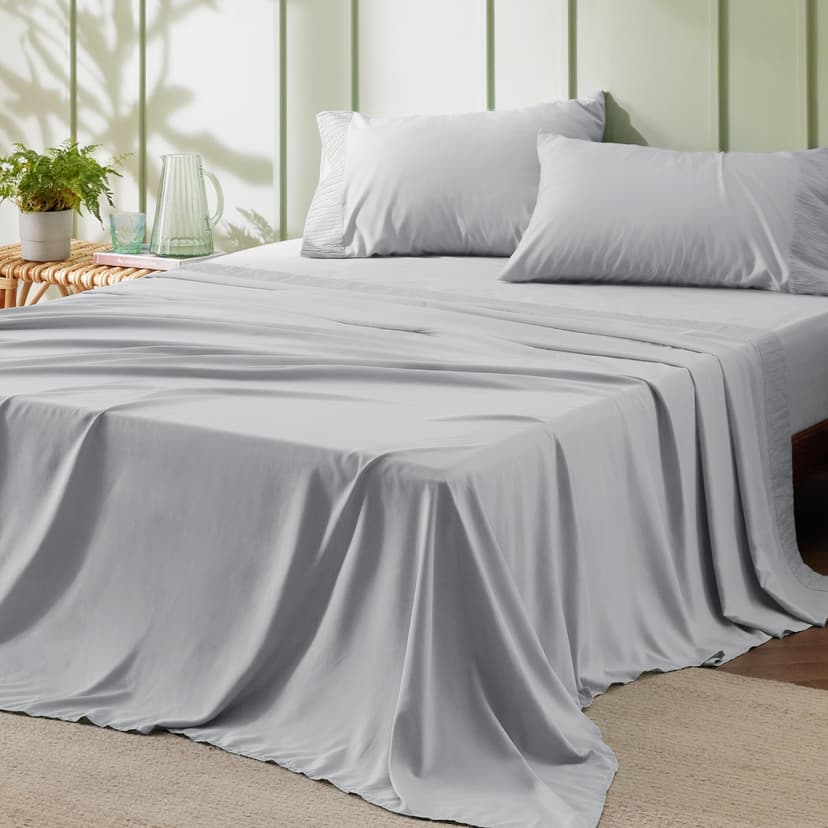 Bedsure King Size Sheets Set - 4 Pieces Soft King Sheets - Breathable & Cooling - Hotel Luxury - Easy Care Polyester Microfiber Bedding for Kids, Women, Men, Light Grey