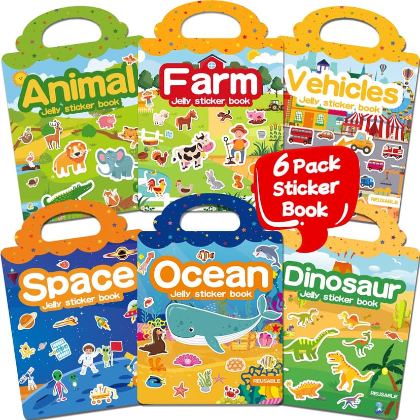 CREATIVETREES 6 Sets Reusable Sticker Book for Toddlers 3-6, Jelly Stickers Book for Kids, Travel Sticker Activity Toys for Childs 3 4 5 6 Years Girls & Boys Best Gifts