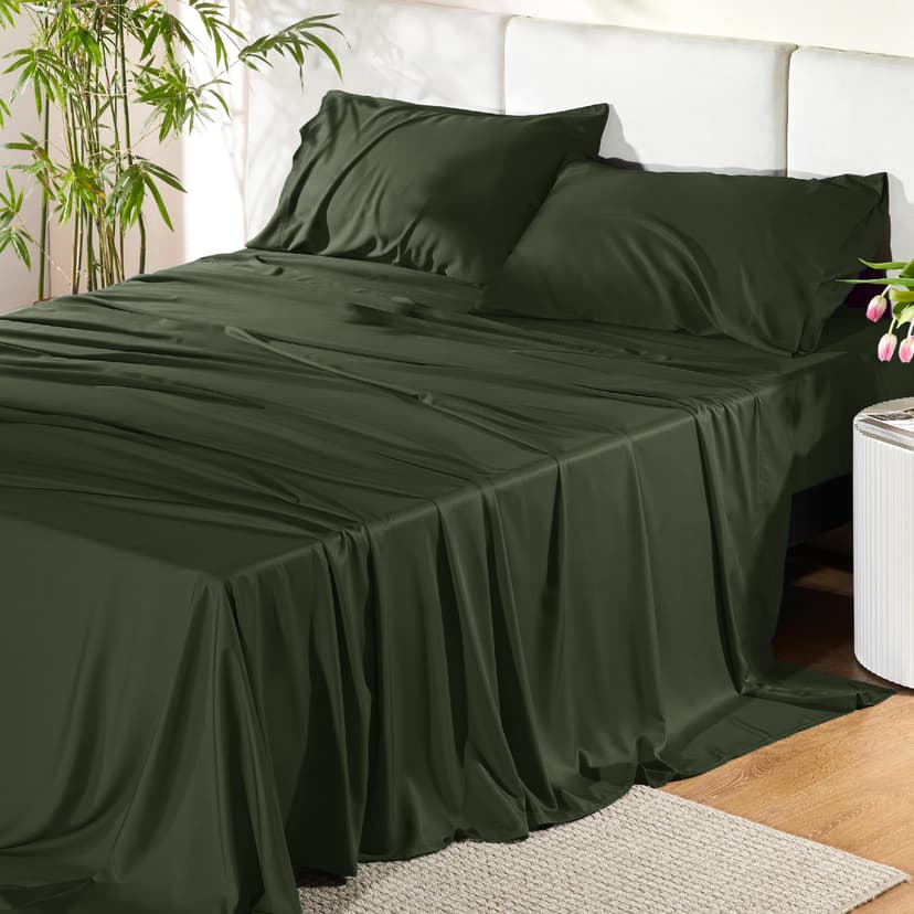 Bedsure PureWoven 100% Rayon Derived from Bamboo, Queen Sheets, 4 Pieces | Cooling Sheets for Hot Sleepers, Breathable & Silky Soft, 16" Deep Pocket, Hotel Luxury Bedding, Olive Green