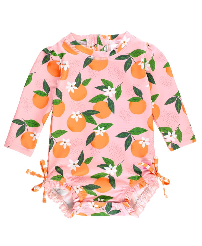 RuffleButts Baby Girls UPF 50+ Sun Protection Floral Printed Long Sleeve One Piece Rash Guard Swimsuit with Zipper