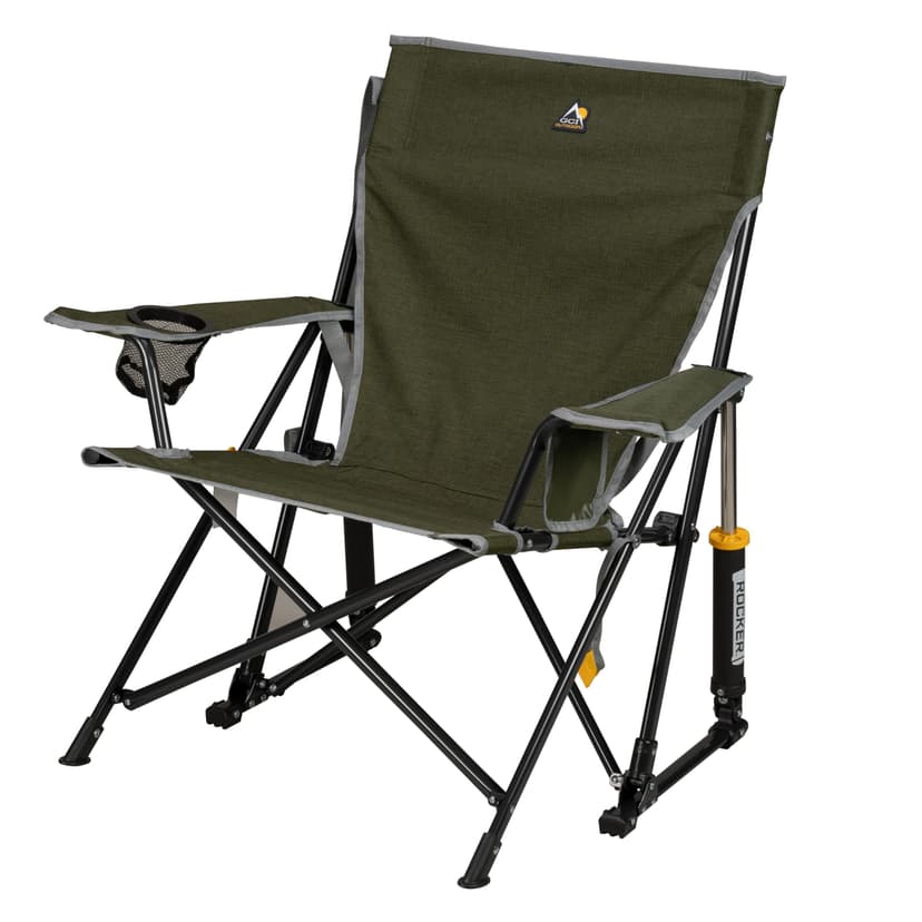 GCI Outdoor Kickback Rocker Camping Chair | Portable Folding Rocking Chair with Durable Armrests, Drink Holder & Relaxed Lowered Seat for Comfort — Loden Green