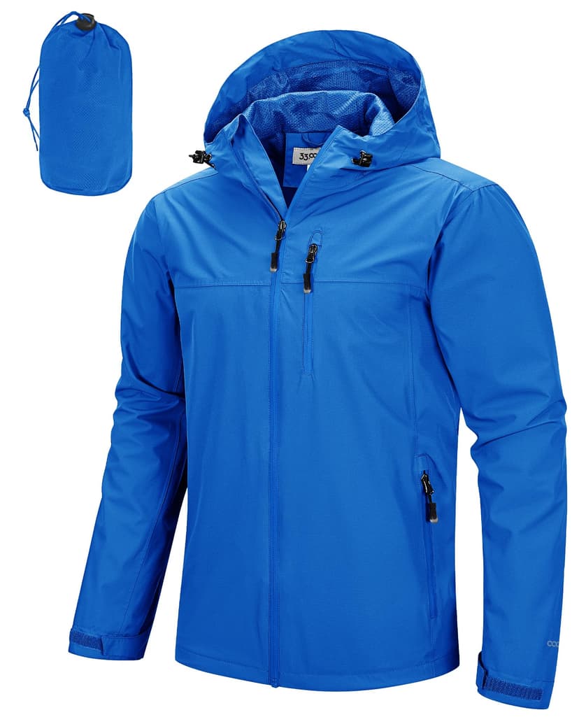 33,000ft Men's Packable Rain Jacket Waterproof Raincoat with Hood | Lightweight, Breathable, Rain Shell, Windproof, Mesh lining, Underarm vents, Zipper Pockets, Cycling, Hiking, Golf